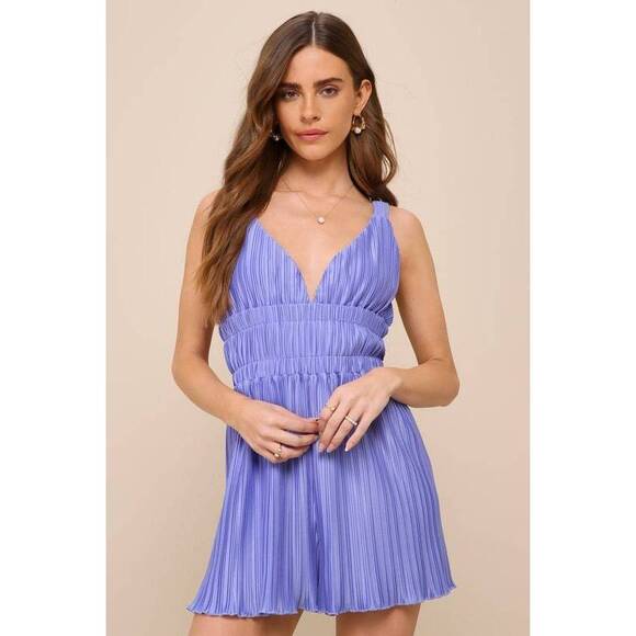 Lulus Pants - Lulus Upgraded Nights Periwinkle Plisse Sleeveless Romper Purple - Size XL
